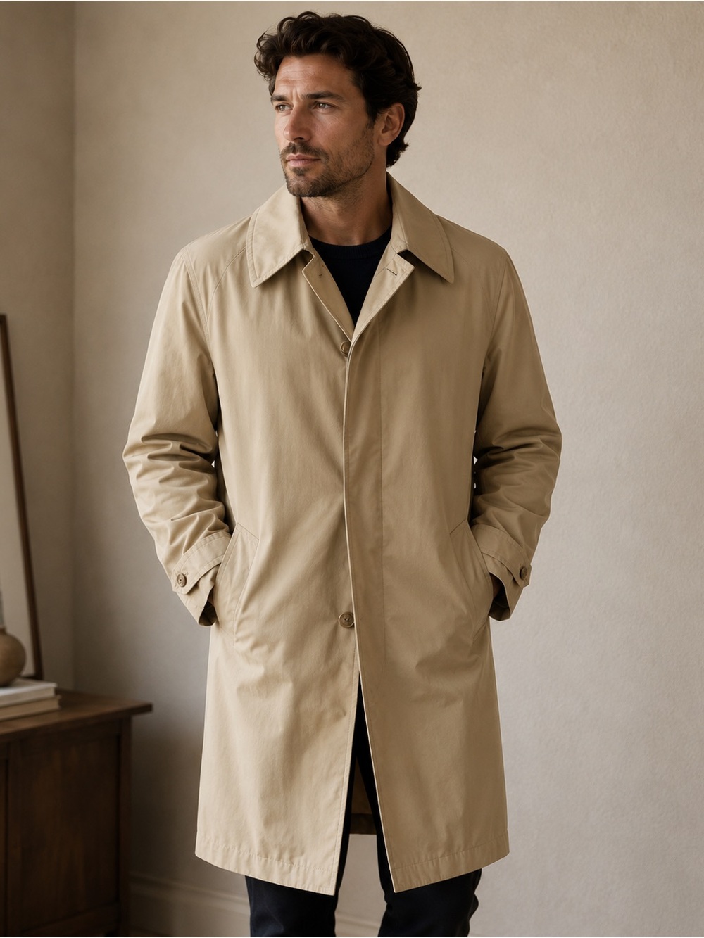 Men's Classic Long Trench Coat - Tan